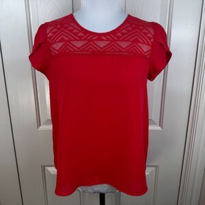 Meraki Womens Blouse Sz S Sheer Red Aztec Mesh Short Sleeve Crew Neck Pullover